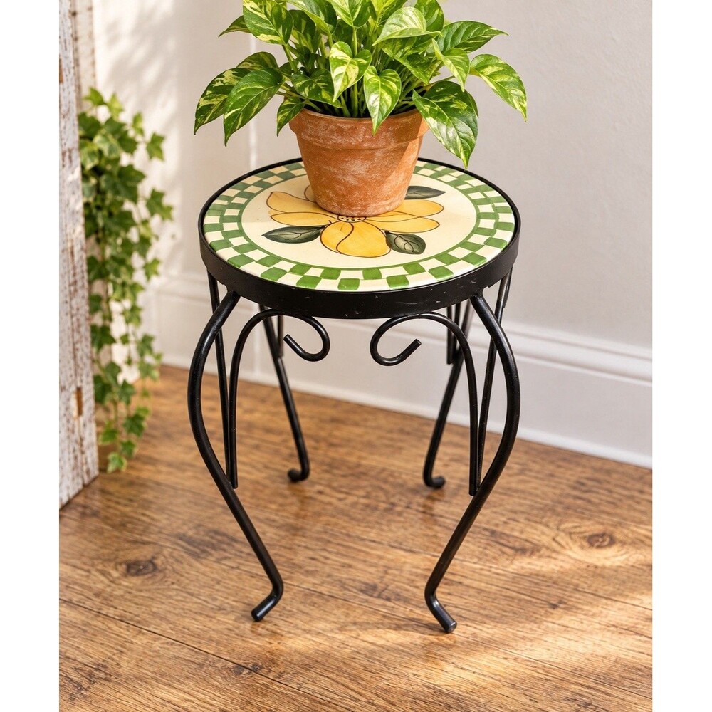 Metal Plant Stand Floral Tile Top Black Scroll Legs Green Checkered Flower Decor
